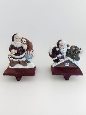 2 Vintage Trim a Home Cast Iron and Resin Stocking Holder Santa Claus & Snowman